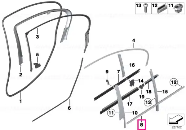Outer weatherstrip, rear left door ALU SATINIERT Reducere extra