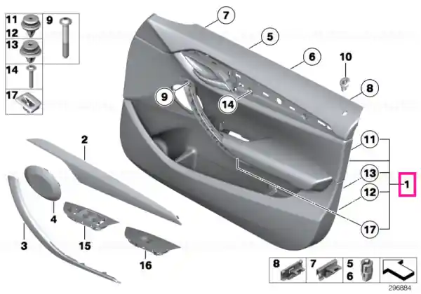 Preț mic Door trim panel, leather, front left MAGMABRAUN - BMW