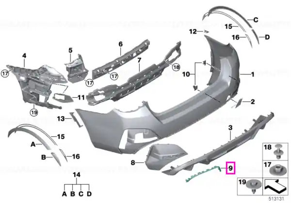 Plată sigură Ornament decorativ difuzor bara spate, stanga, Gri (Frozen Grey) - BMW i4 G26 Gran Coupe