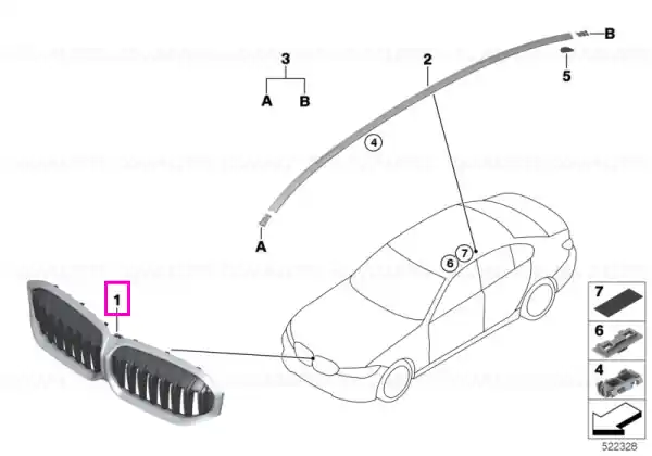 Grila frontala ornamentala, bara fata (MSP) - BMW Seria 3 G20LCI, G21LCI, G28LCI Transport gratuit